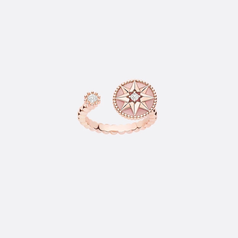 christian dior 18k rose gold rose des vents diamond & pink opal ring size 5.5